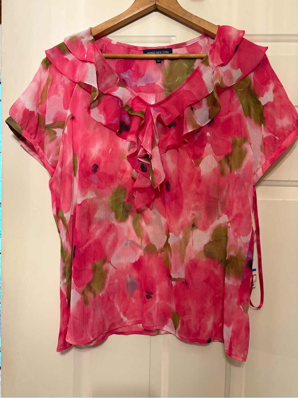 Jones New York Bright Pink Floral Ruffle V-Neck Blouse